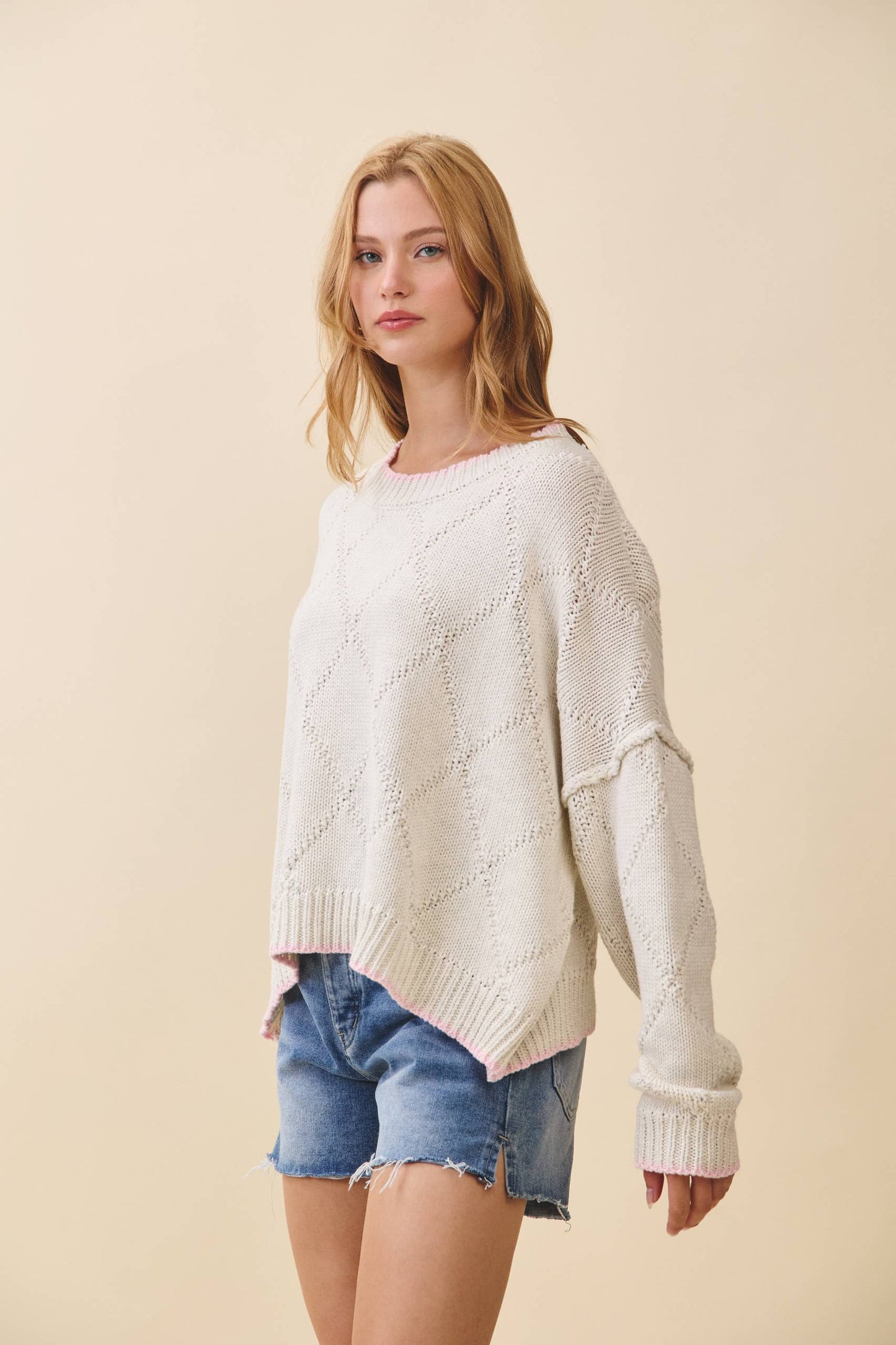 Diamond Knit Pullover Sweater: Oat