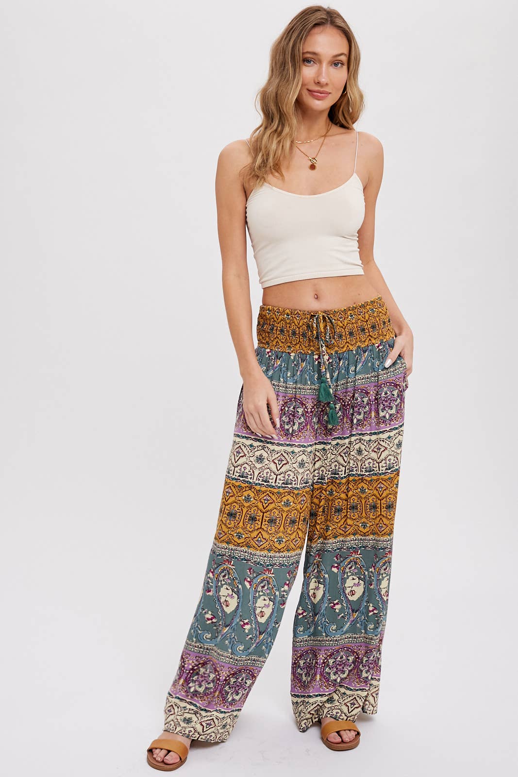 BOHO SMOCKING WAIST WIDE LEG PANTS: PINK/CLAY