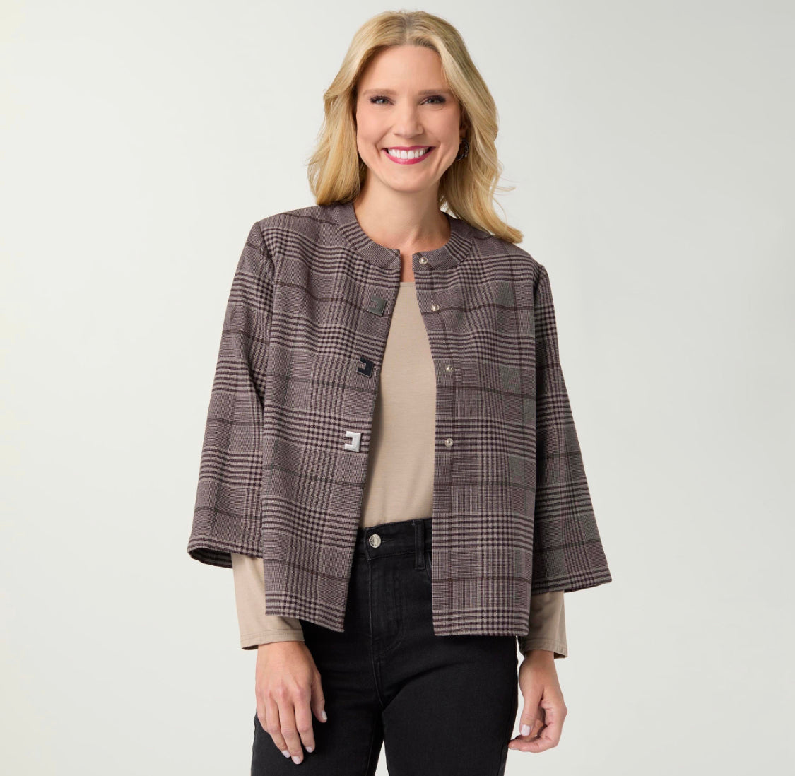 SKYE 3/4 SLEEVE PLAID BLAZER TOP-BROWN