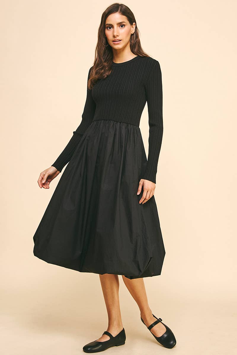 CONTRAST BALLOON MIDI DRESS Black