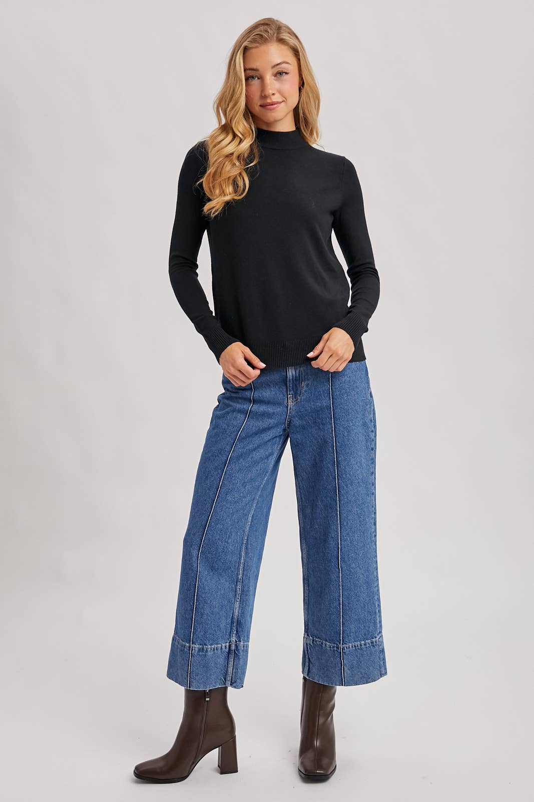 RIBBED TRIM MOCK NECK KNIT TOP: Black