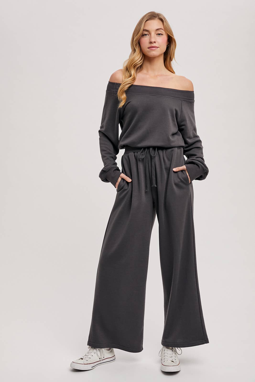 WIDE NECK OFF THE SHOULDER KNIT JUMPSUIT: ASH