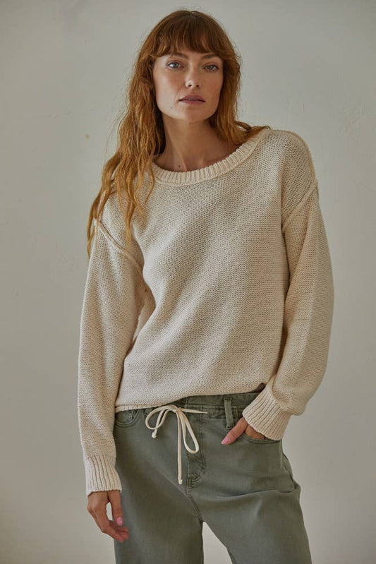 W1155 | Knit Sweater Crew Neck Long Sleeve Pullover Top: Ivory