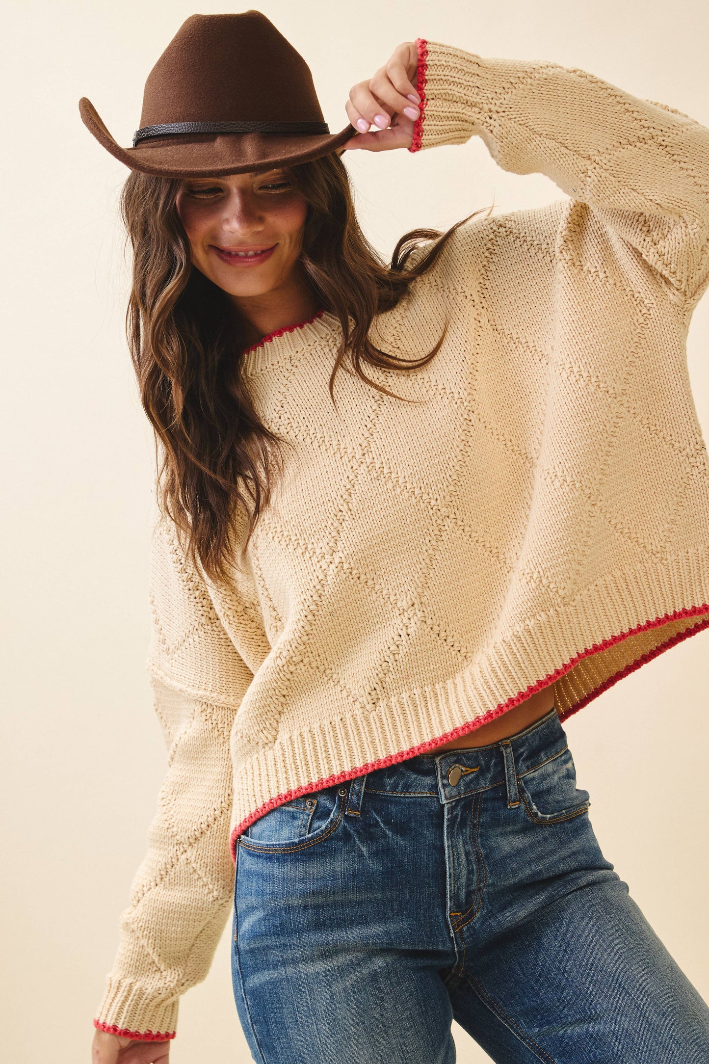 Diamond Knit Pullover Sweater: Oat