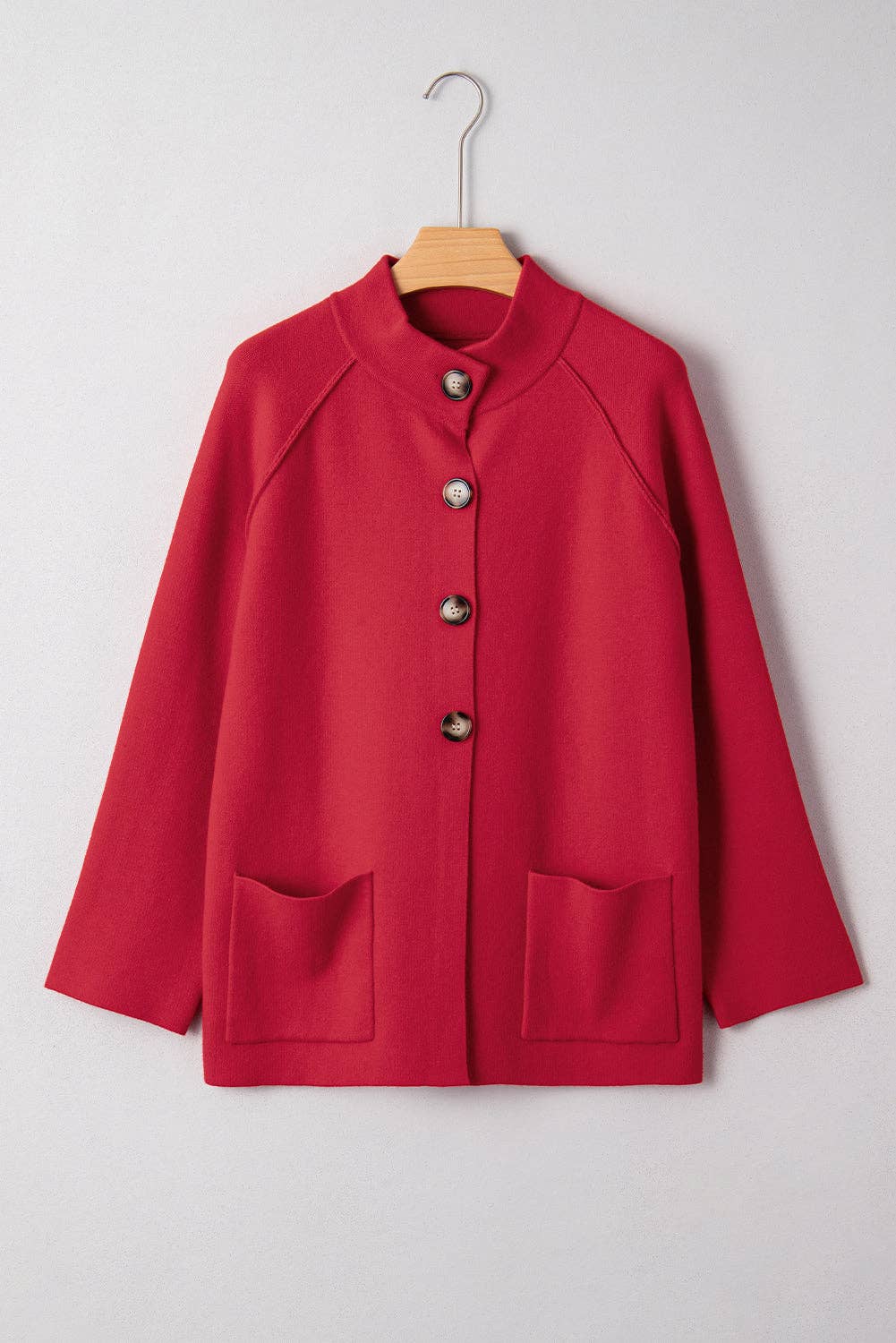 Fiery Red Collared Button Front Wrapped Cardigan Jacket: