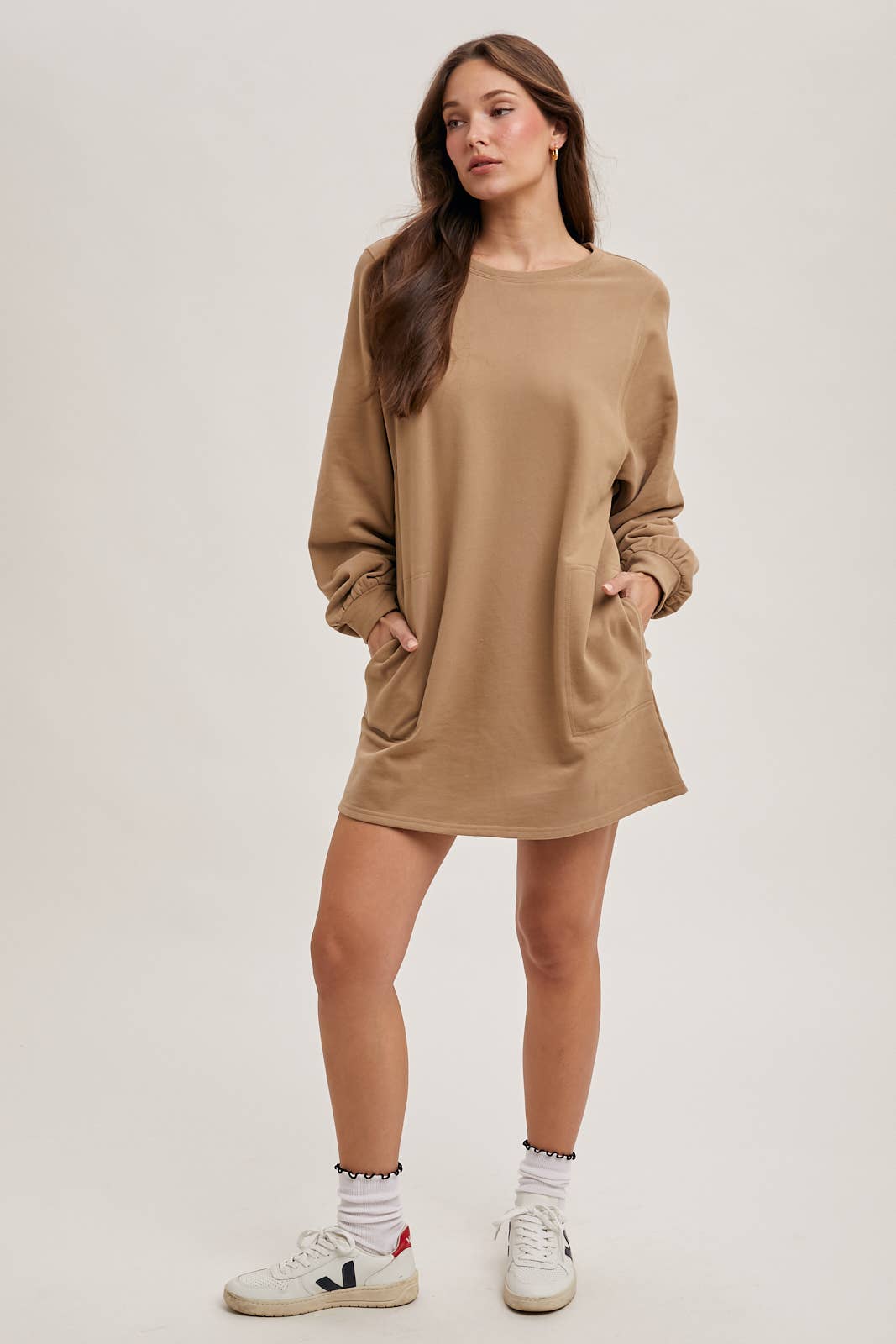 FRENCH TERRY MINI DRESS: LATTE