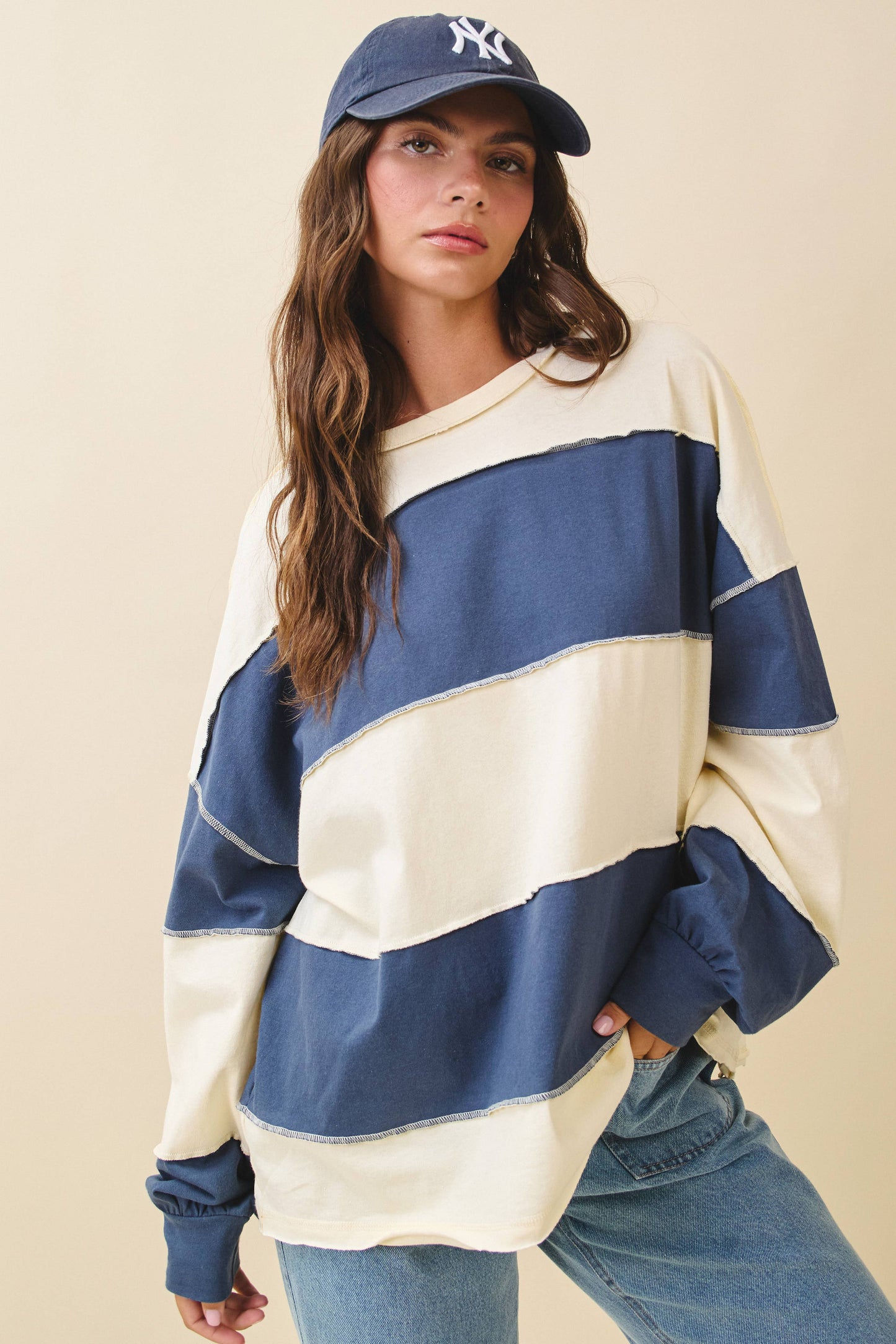 Contrast Panel Long Sleeve Slouchy Top: