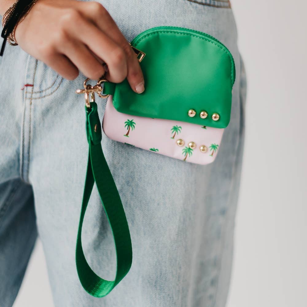 Summer Spritz Dual Pouch Wristlet: Emerald and Pink Palm Tree