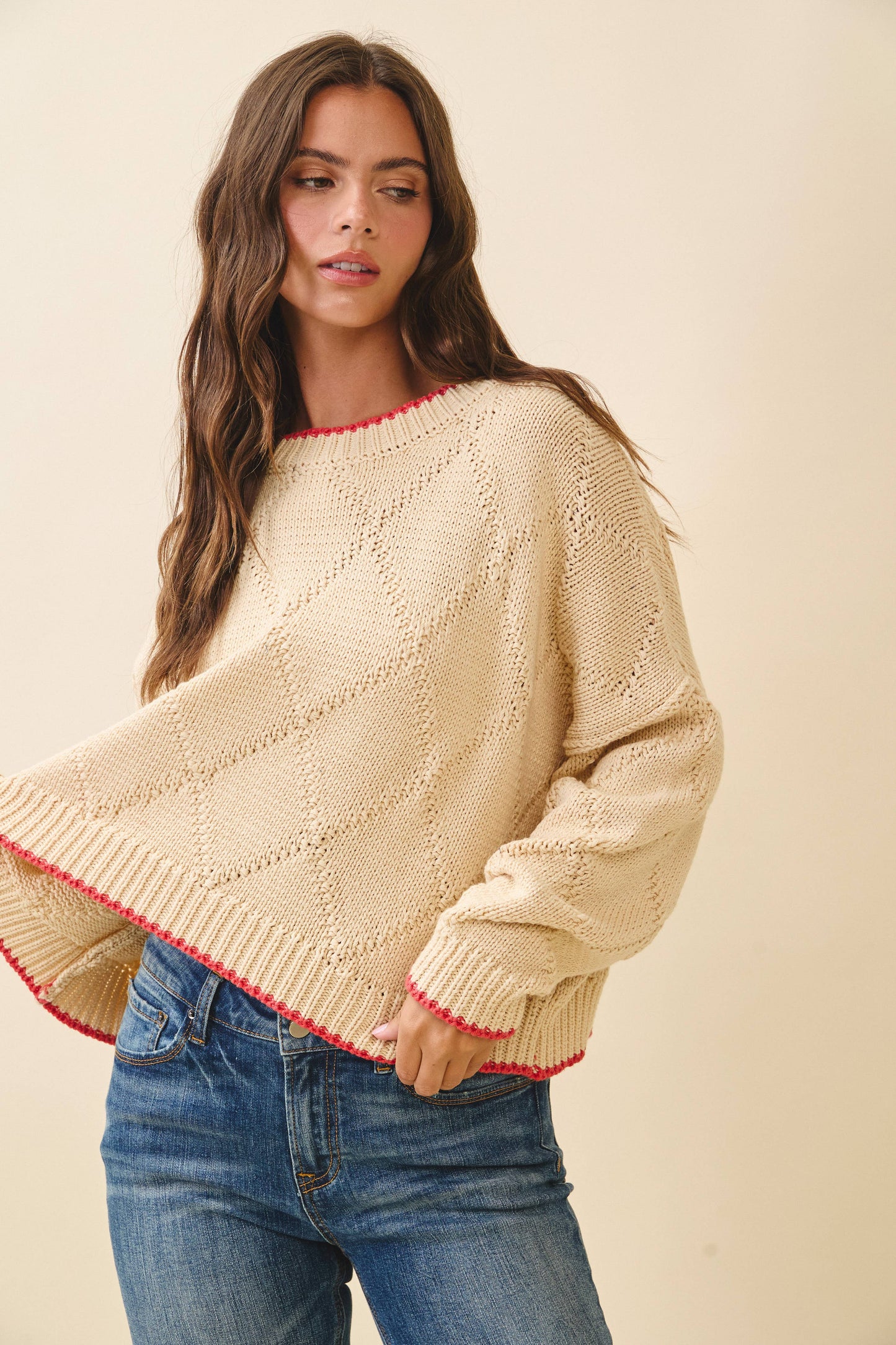 Diamond Knit Pullover Sweater: Oat