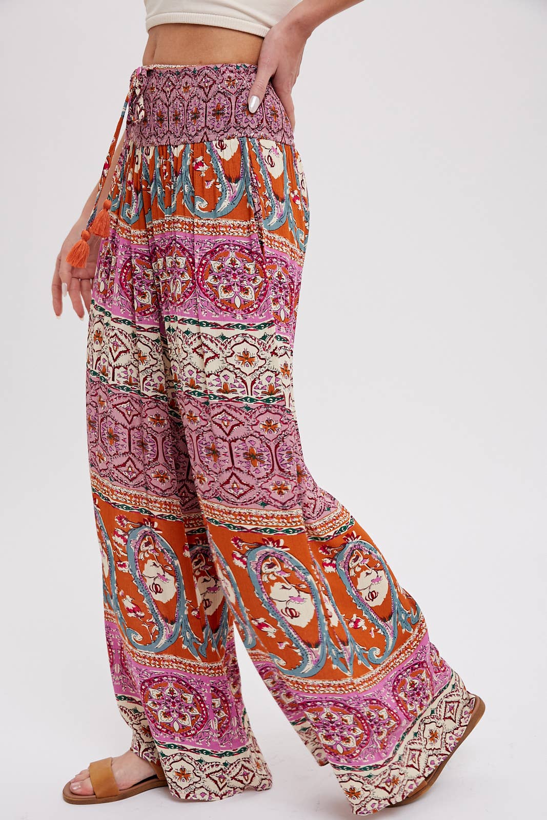 BOHO SMOCKING WAIST WIDE LEG PANTS: PINK/CLAY