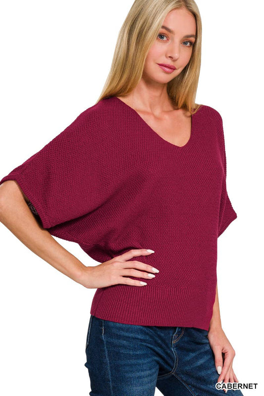 V Neck Short Sleeve Dolman Sweater: CABERNET