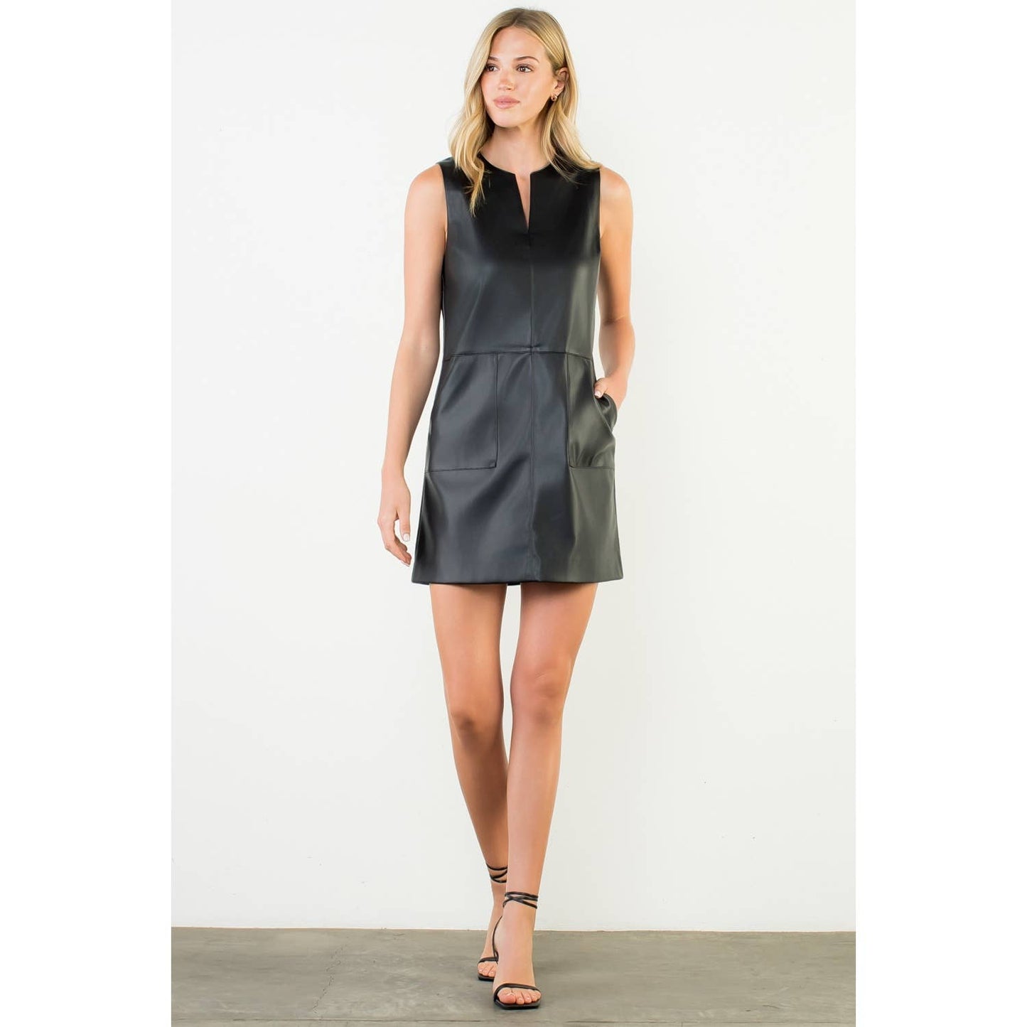 Sleeveless Faux Leather Pocket Mini Dress: BLACK