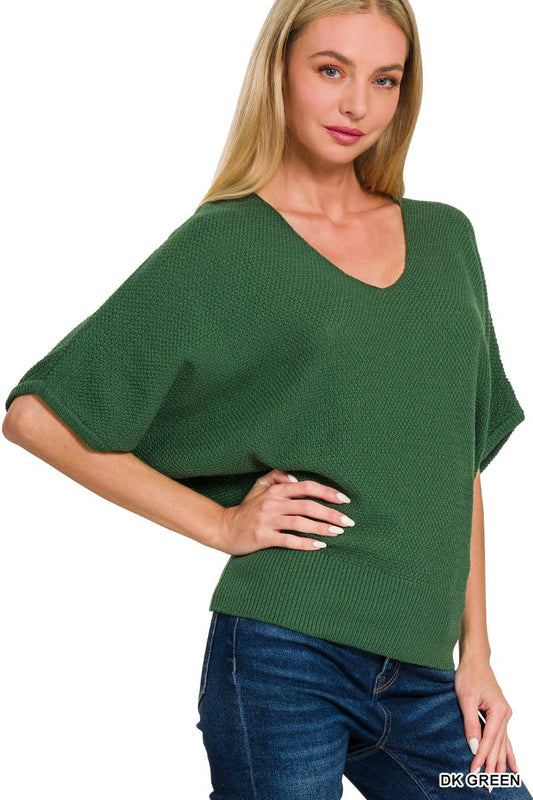 V Neck Short Sleeve Dolman Sweater: DK GREEN