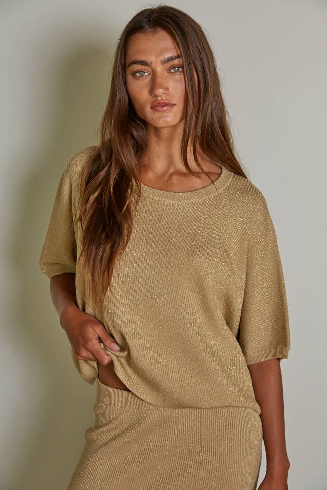 Knit Sweater Ribbed Short Sleeve Pullover Top: Gold