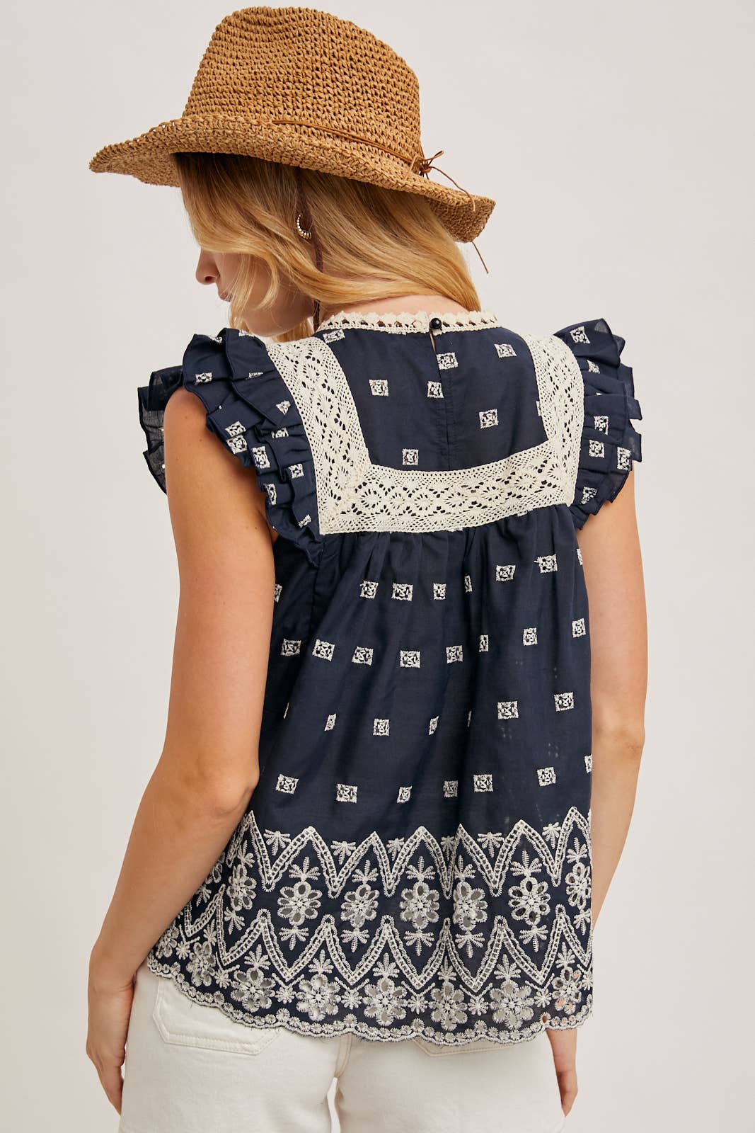 BOHO FLORAL EMBROIDERED BLOUSE TOP: NAVY / S