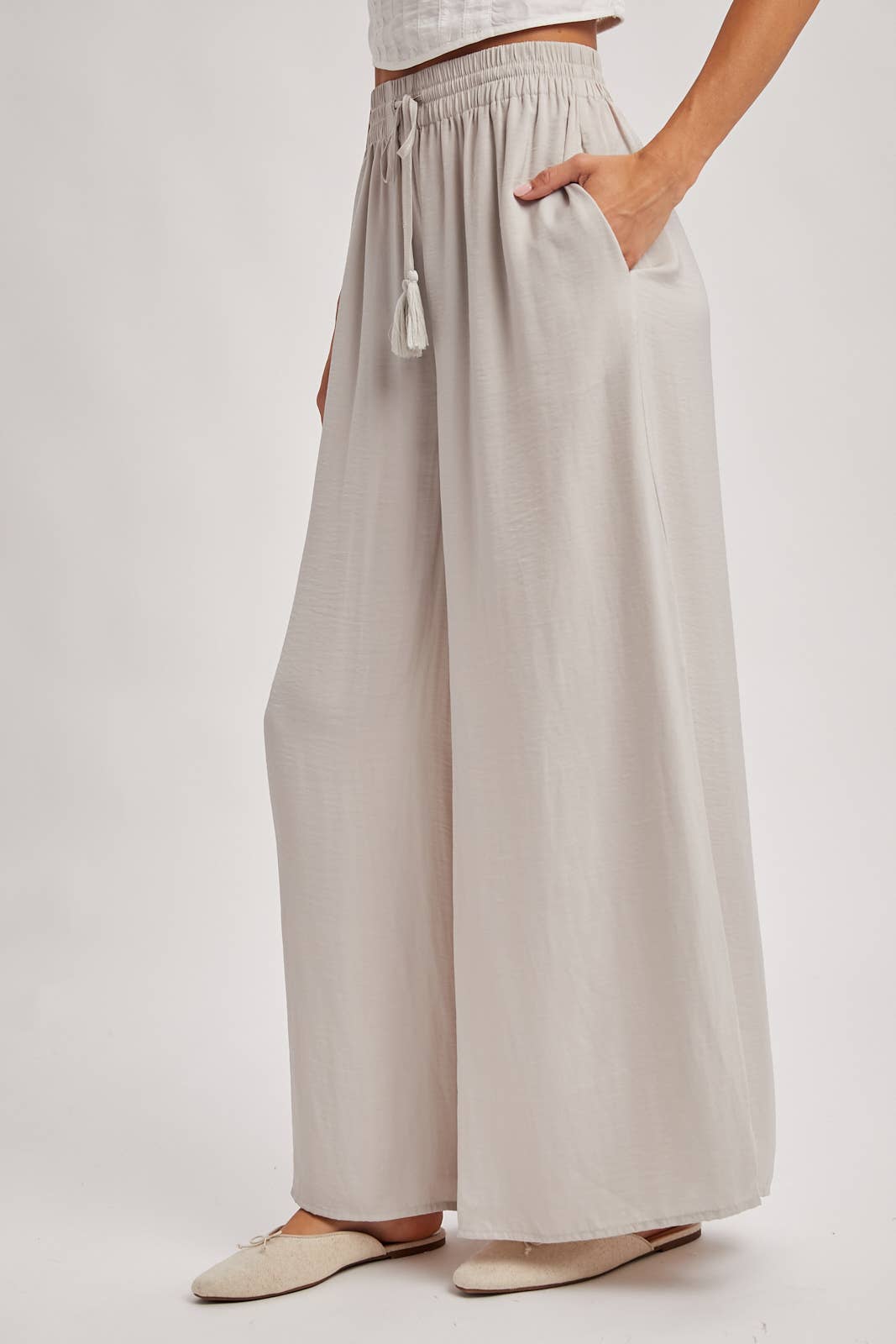 SILKY PALAZZO WIDE LEG PANTS: DOVE