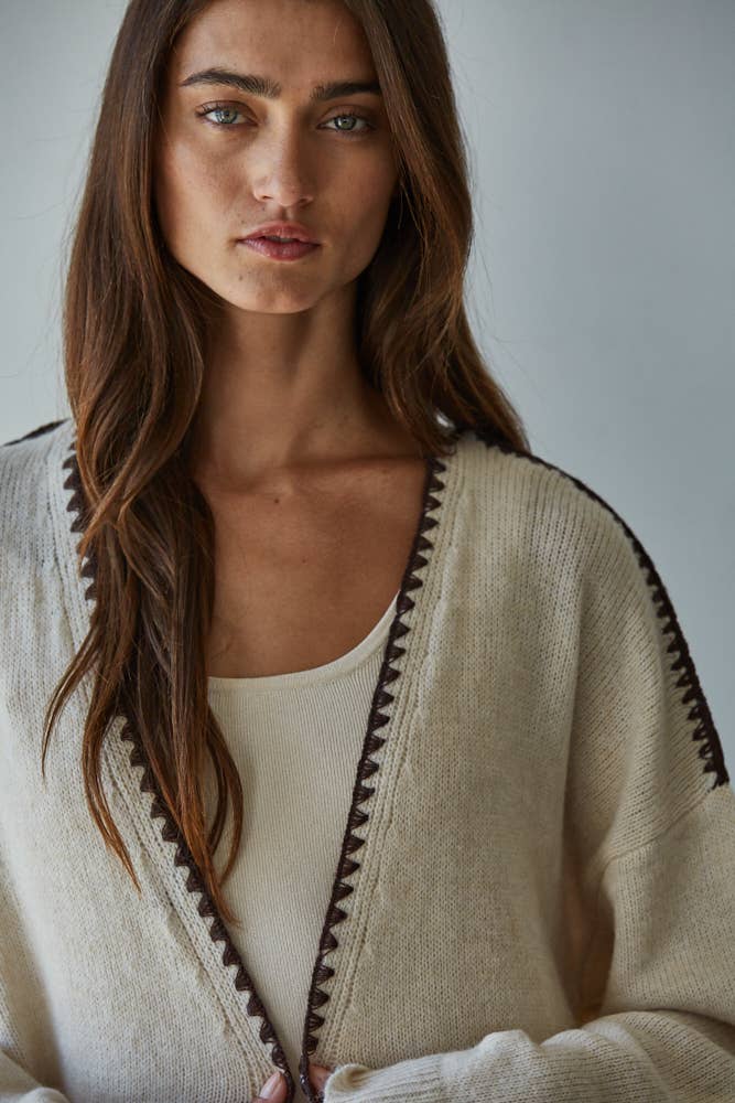 Knit Sweater Contrast Stitch Open Cardigan: Light Beige