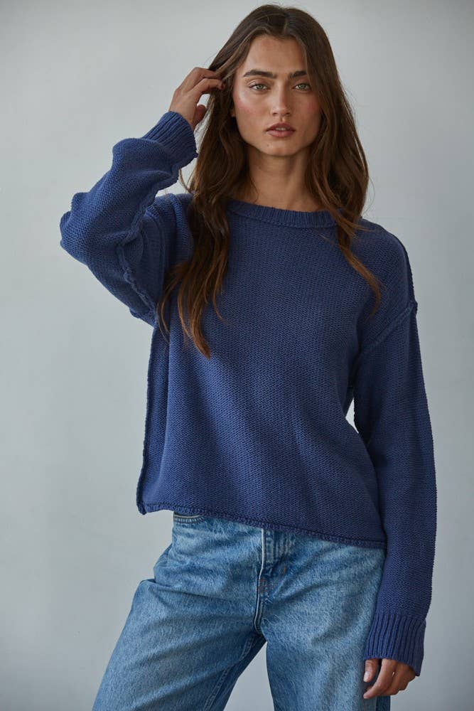 Knit Sweater Crew Neck Long Sleeve Pullover Top: Navy