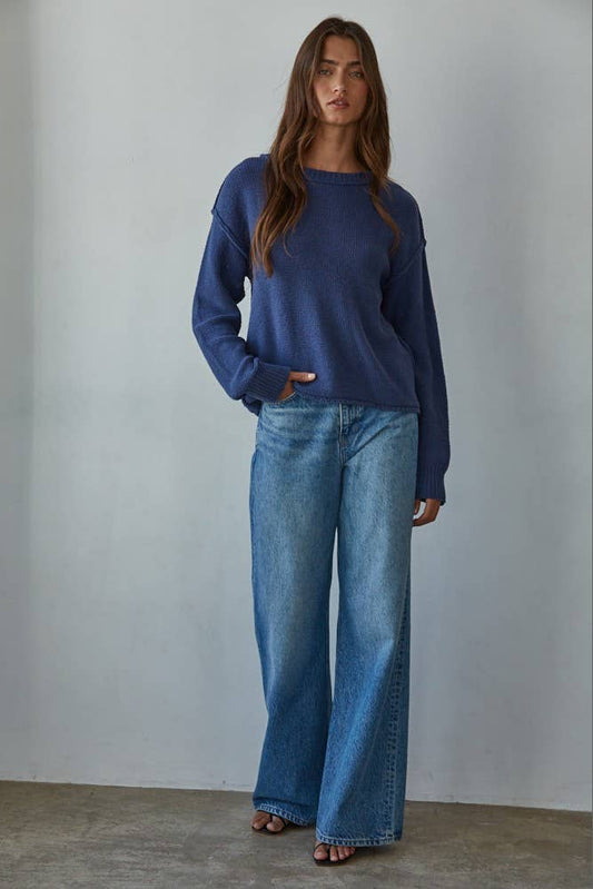 Knit Sweater Crew Neck Long Sleeve Pullover Top: Navy