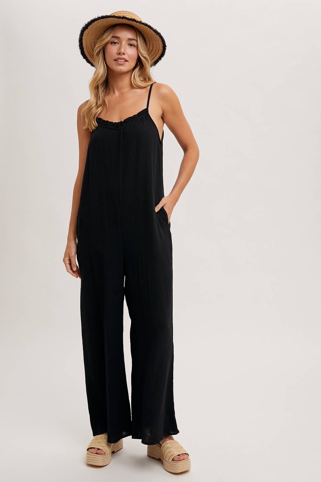 SLEEVELESS SCOOP BACK RUFFLED NECKLINE JUMPSUIT: Black