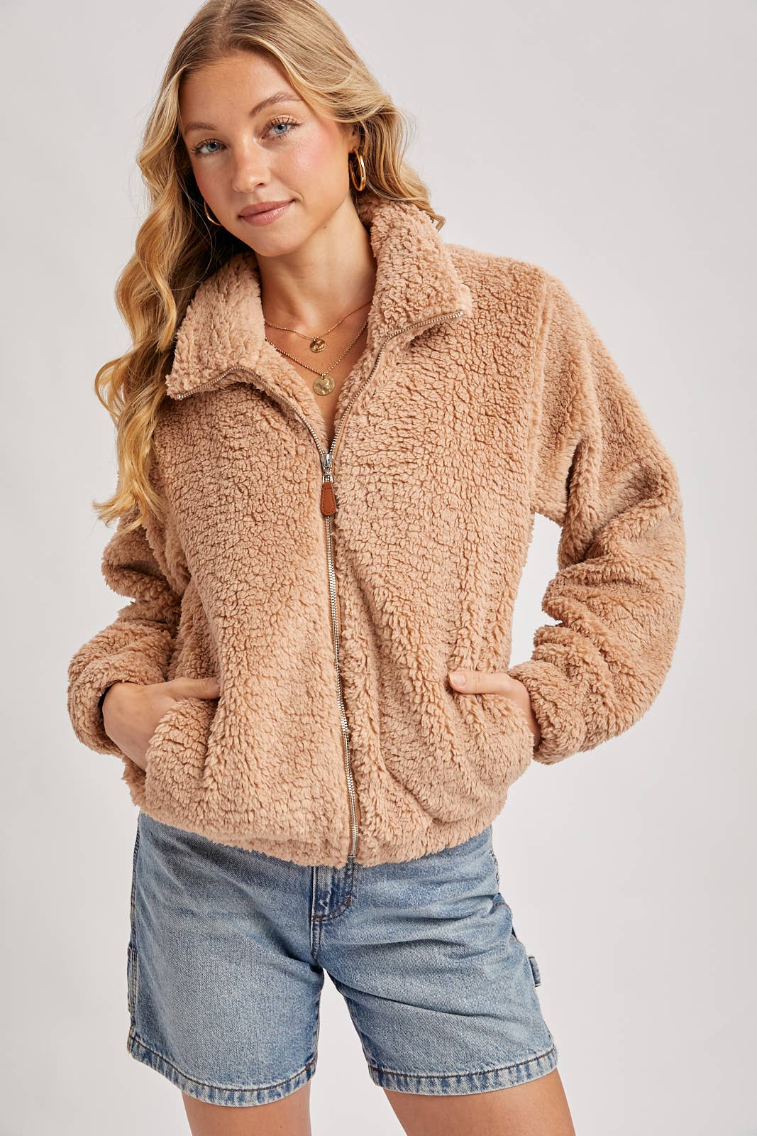 FLEECE ZIP UP TEDDY JACKET: LATTE