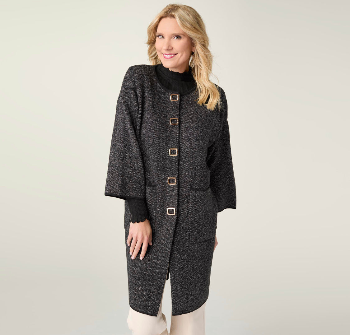 FOGGIA 3/4 SLEEVE SNAP FRONT CARDIGAN-BLACK/WHITE