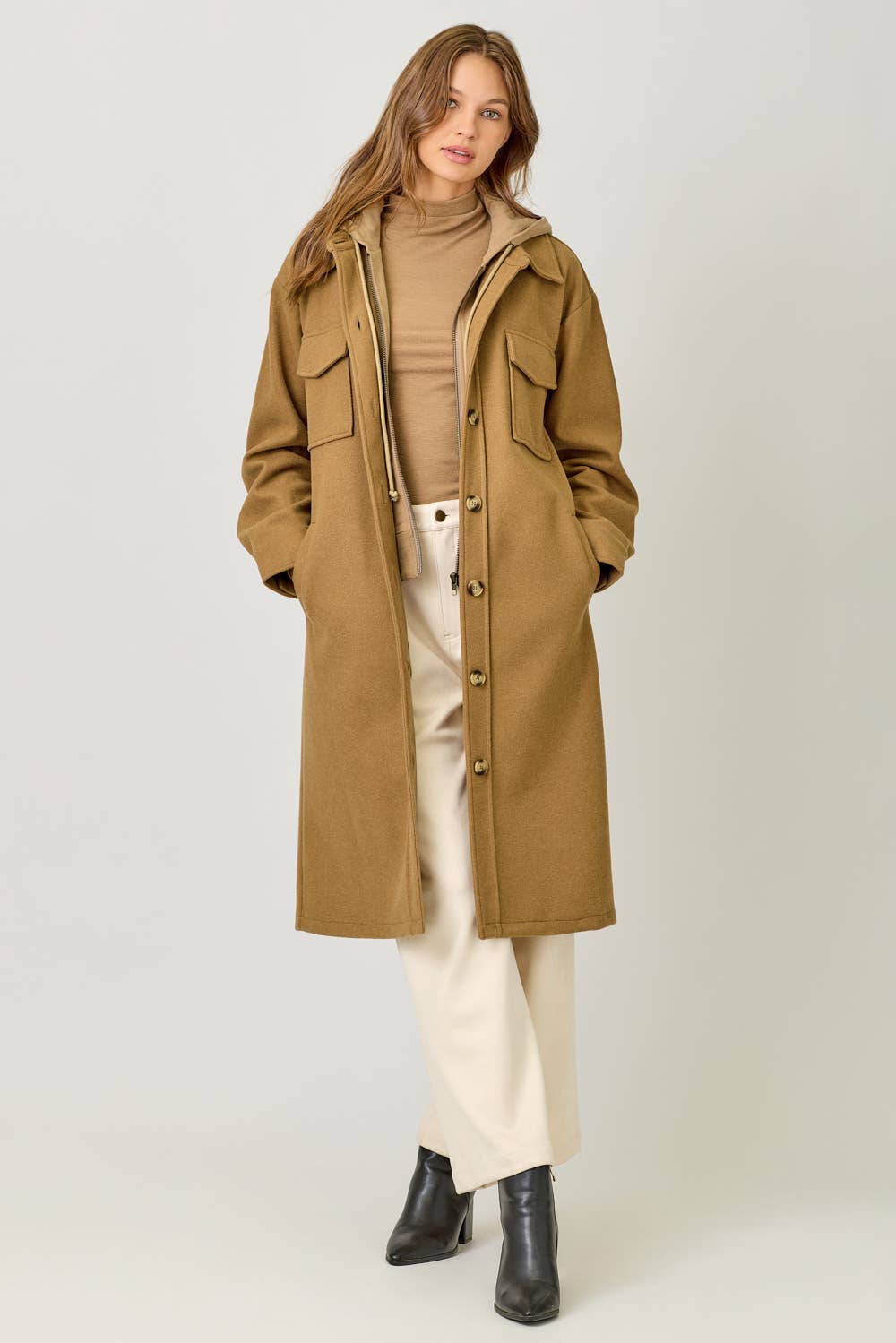 Twofer Hoodie Solid Coat: Camel