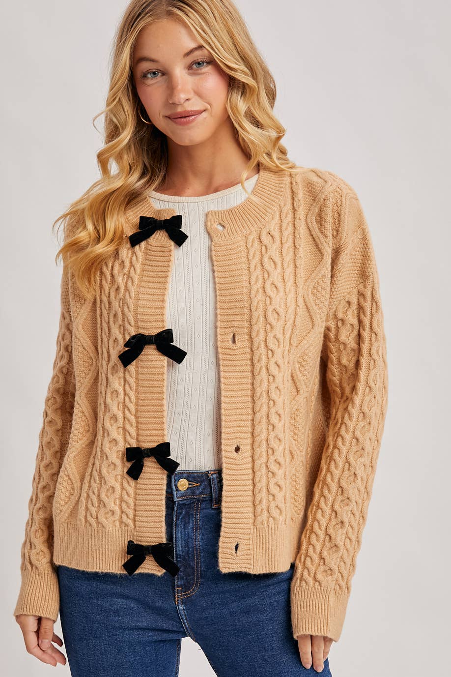 VELVET BOW BUTTON DOWN CABLE KNIT SWEATER CARDIGA