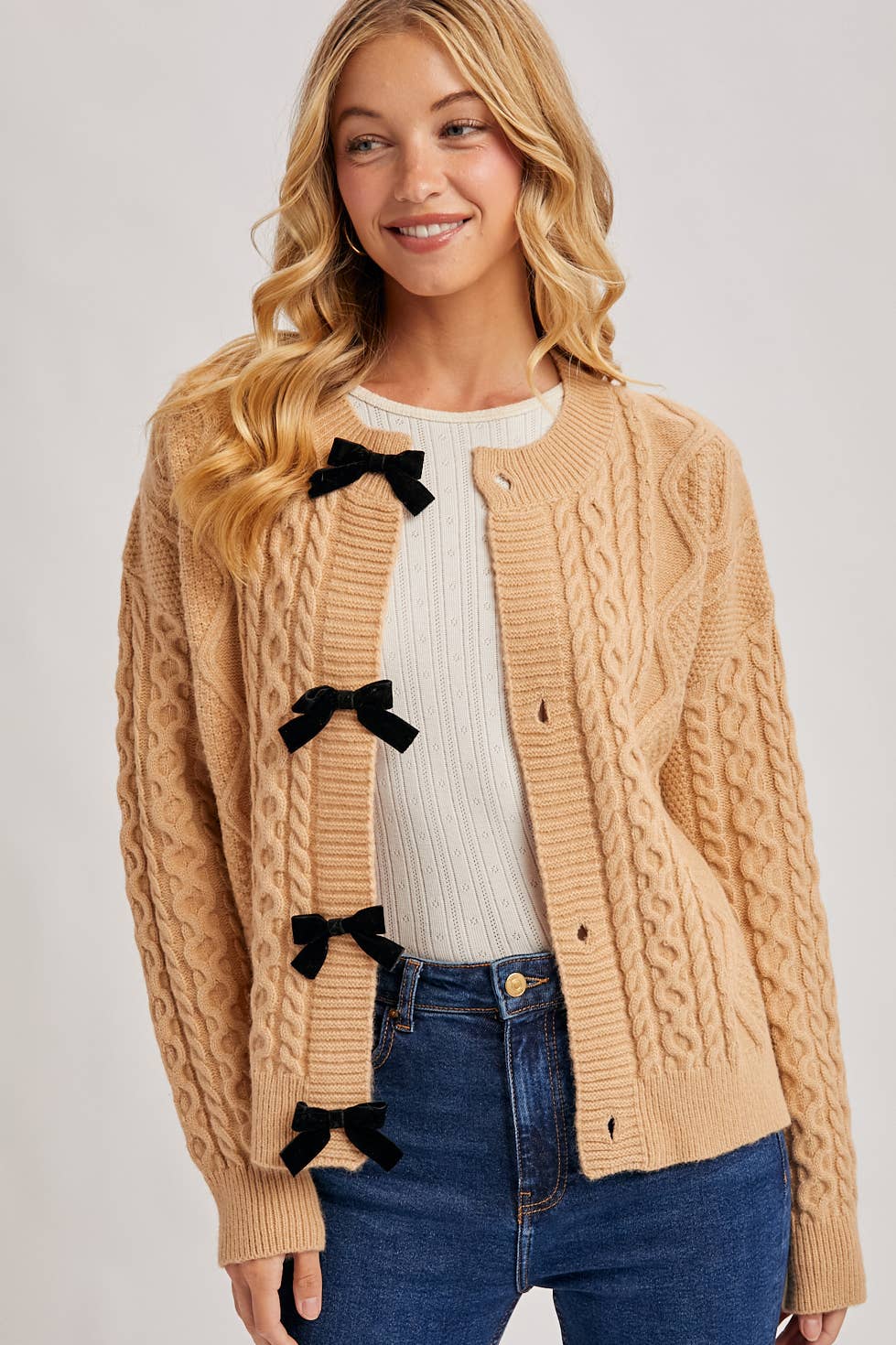 VELVET BOW BUTTON DOWN CABLE KNIT SWEATER CARDIGA