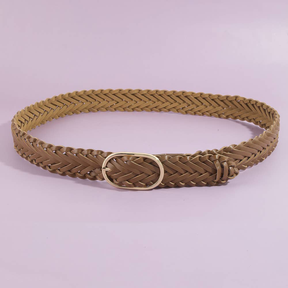 Wide Braided Vegan Leather Oval Buckle Belt: BR