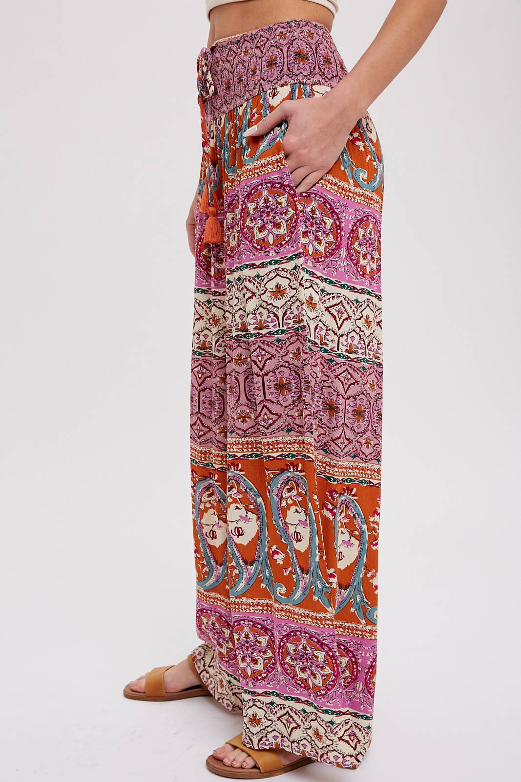BOHO SMOCKING WAIST WIDE LEG PANTS: PINK/CLAY