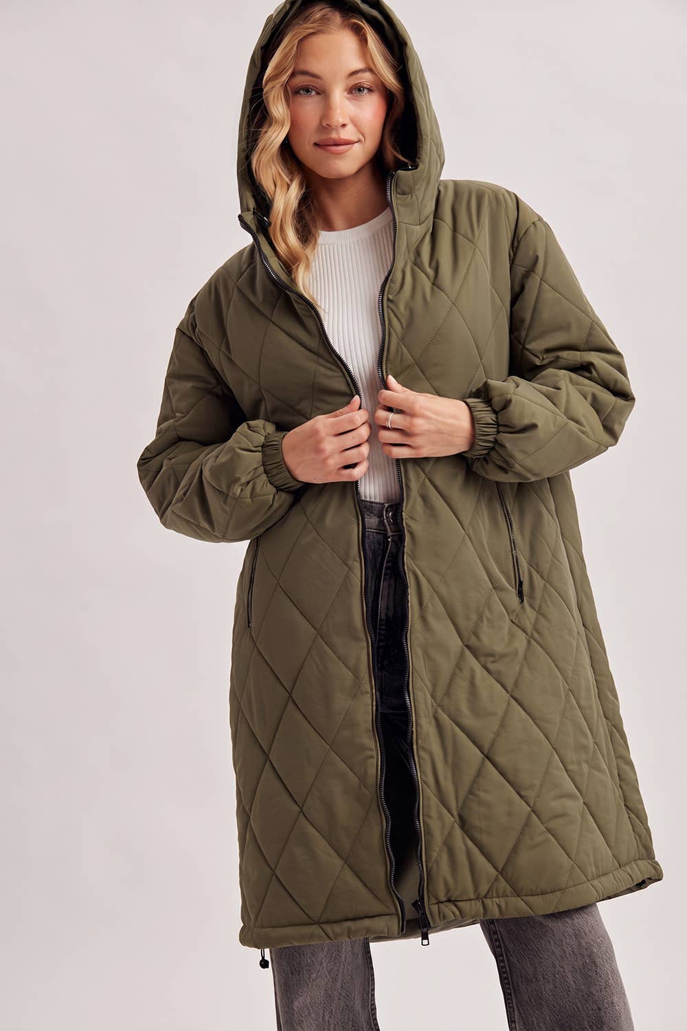 LONGLINE QUILTED PUFFER JACKET: ARMY GREEN / M/L