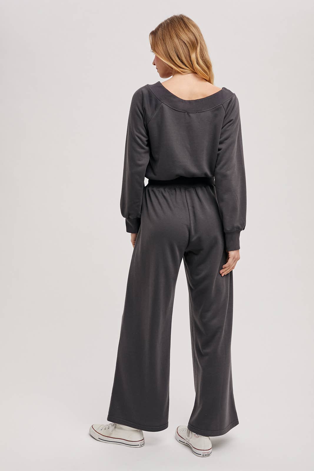 WIDE NECK OFF THE SHOULDER KNIT JUMPSUIT: ASH