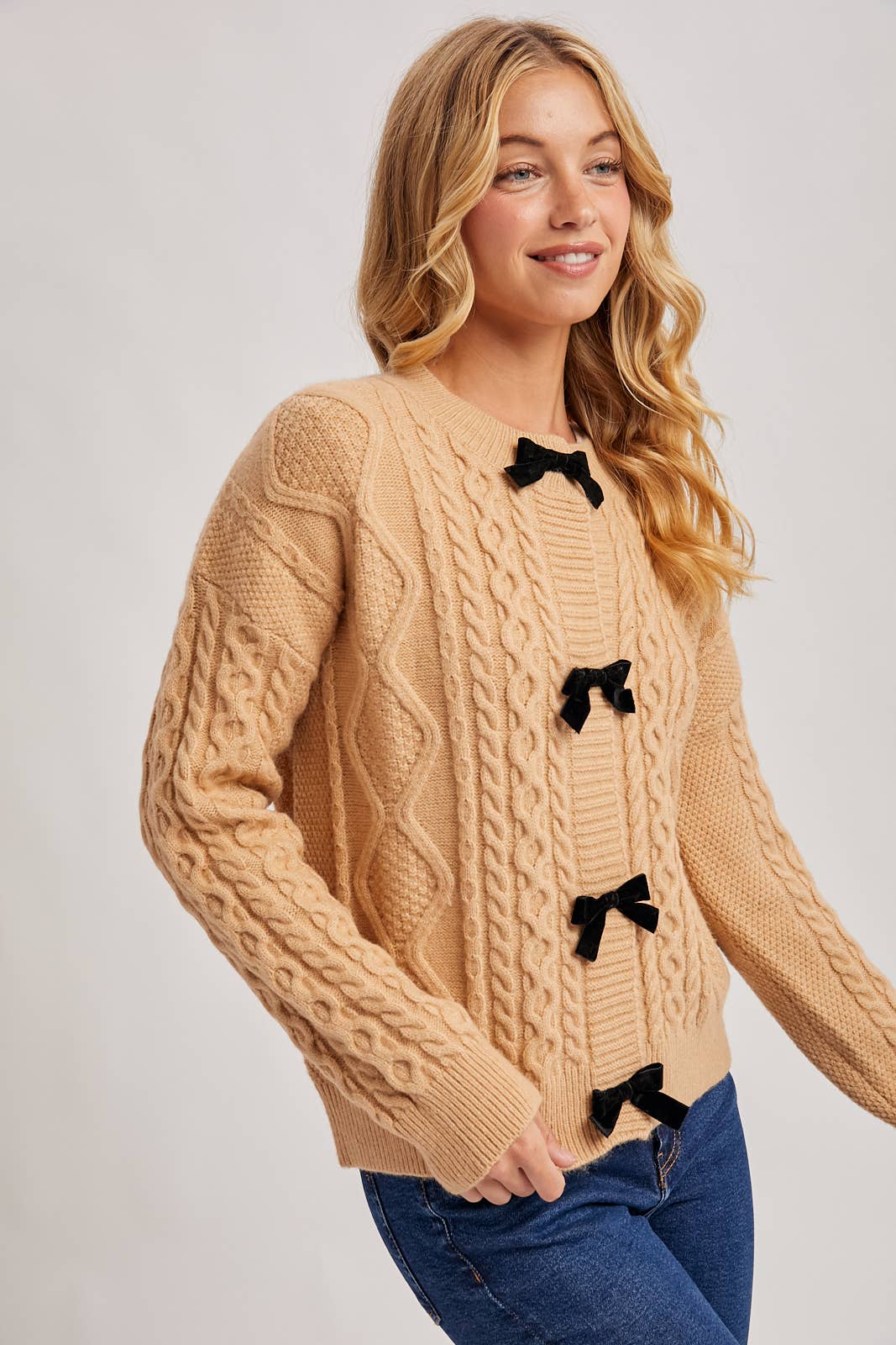 VELVET BOW BUTTON DOWN CABLE KNIT SWEATER CARDIGA