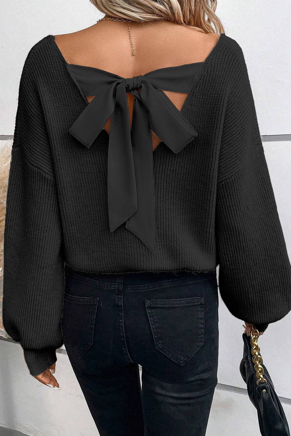 Lantern Sleeve V Neck Knot Back Sweater: Black