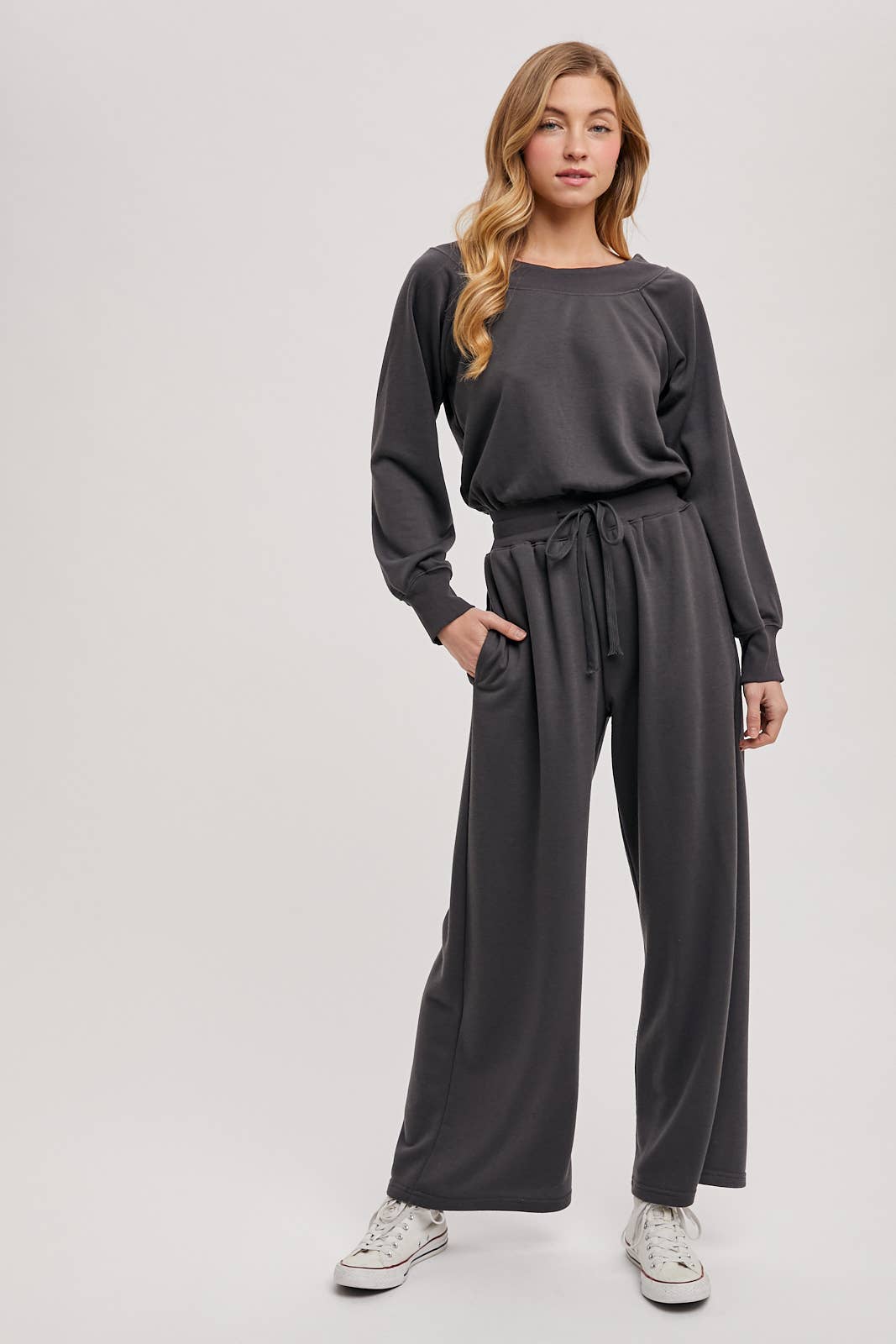 WIDE NECK OFF THE SHOULDER KNIT JUMPSUIT: ASH