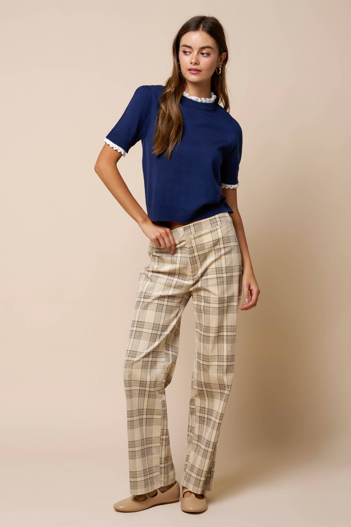 Lace Trim Mock Neck Knit Top: NAVY