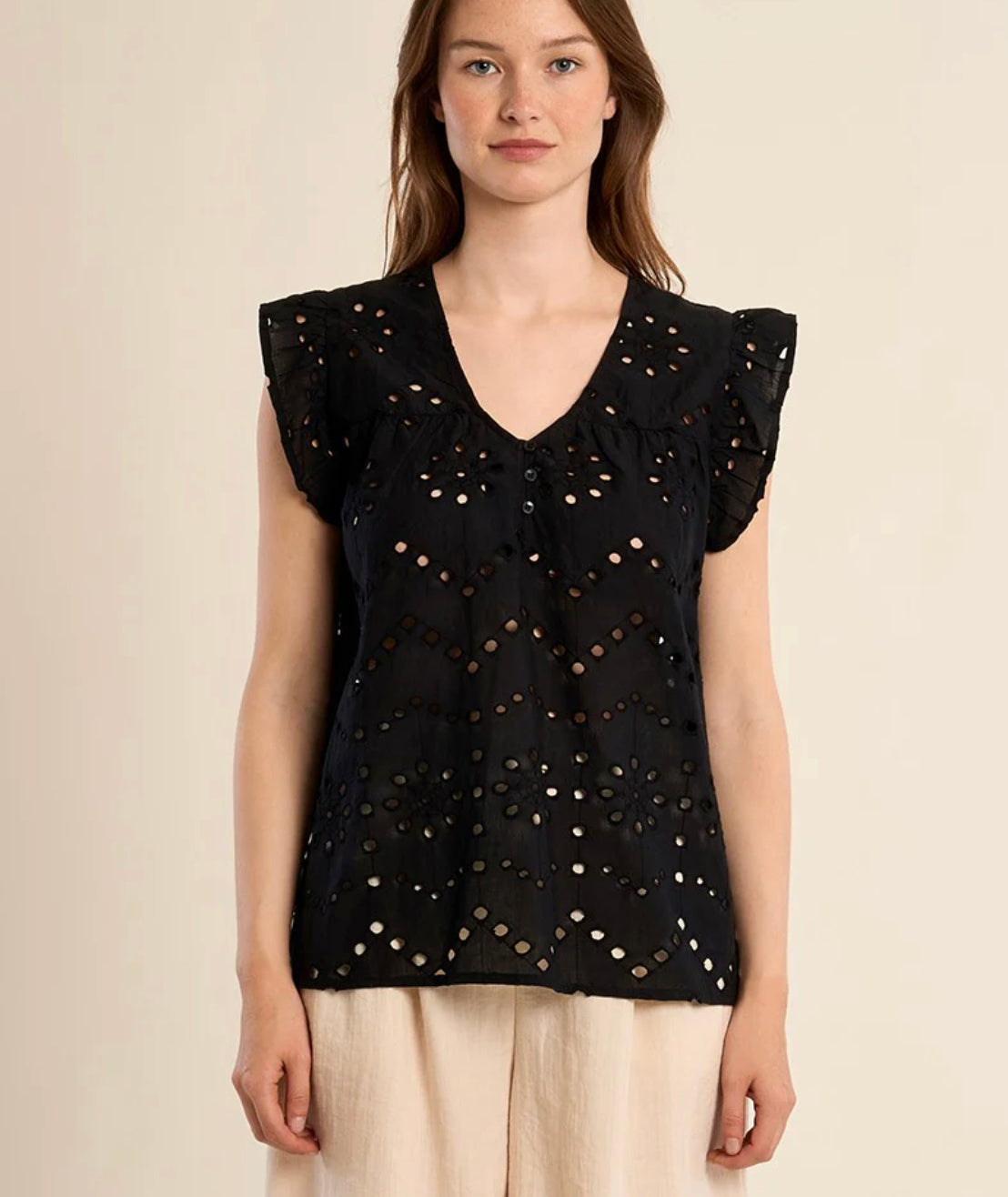 Cotton top, openwork embroidery : Black
