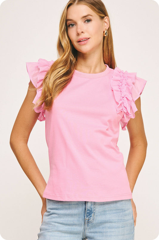 Mixed Media Ruffle Tee Top: Pink