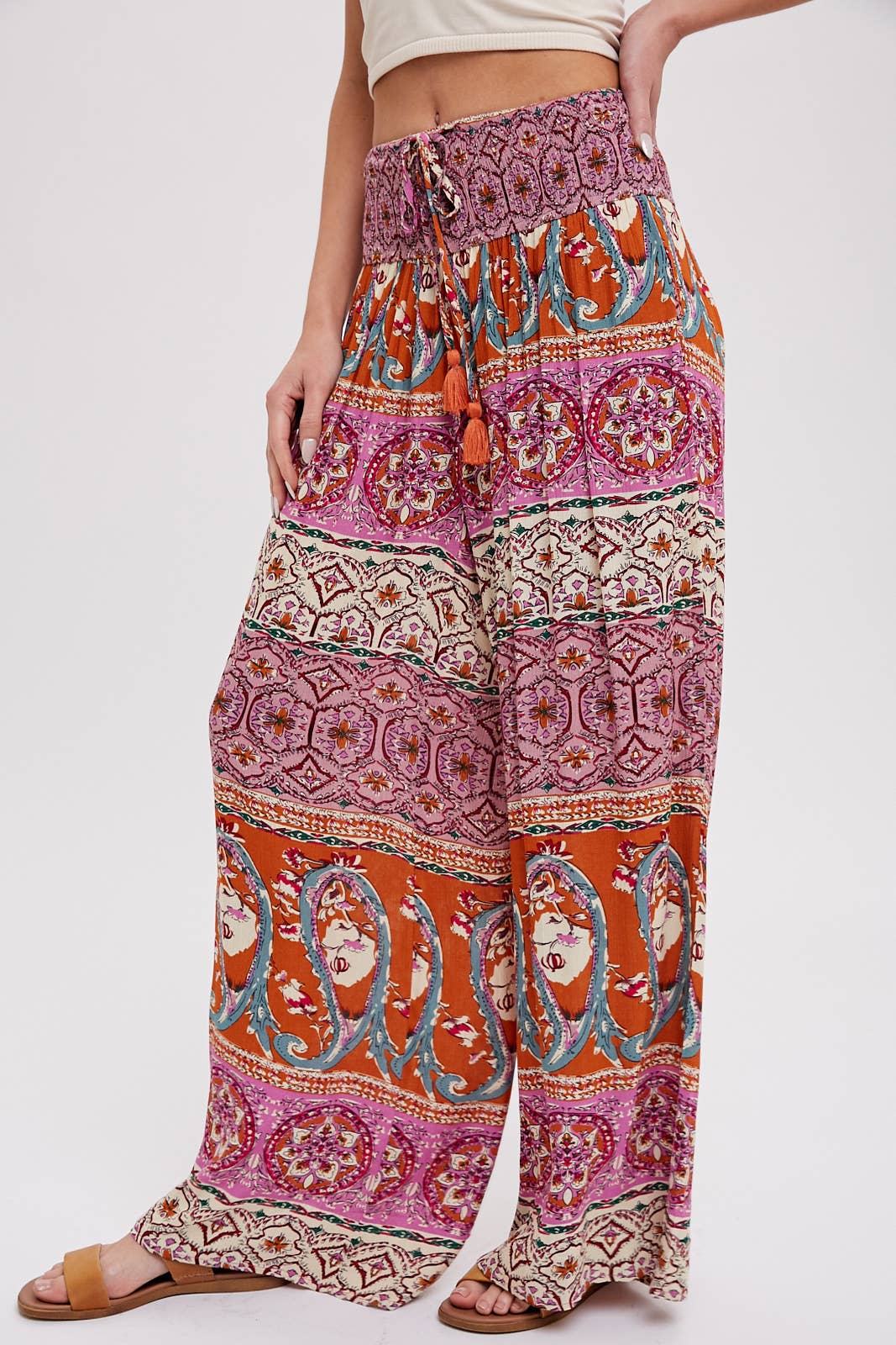 BOHO SMOCKING WAIST WIDE LEG PANTS: PINK/CLAY
