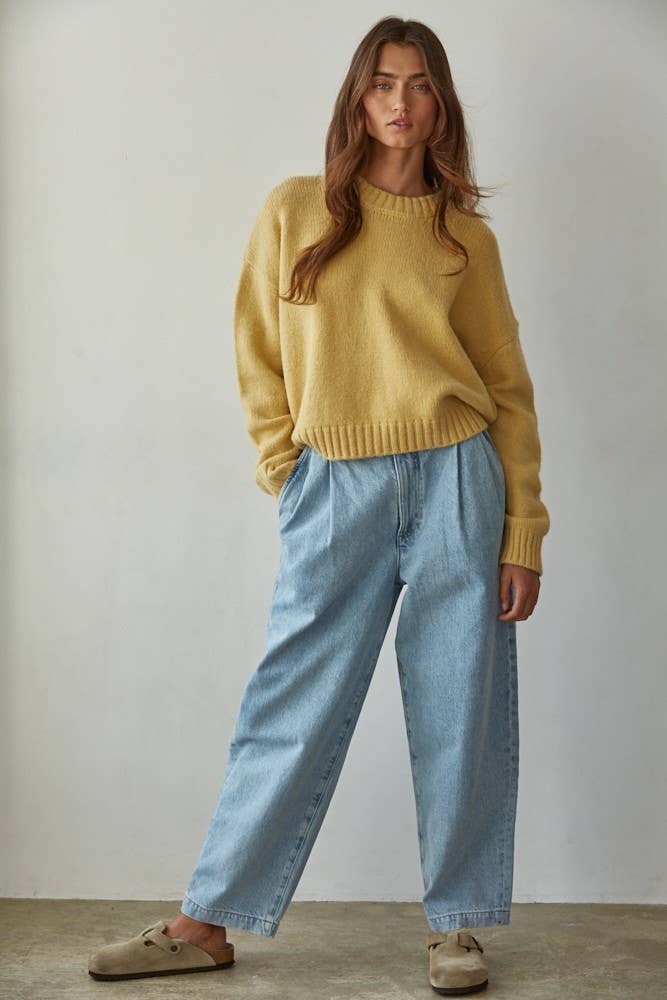 Knit Sweater Crew Neck Long Sleeve Pullover Top: Honey