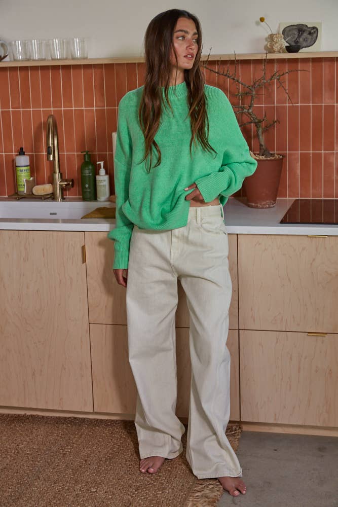 Knit Long Sleeve High Neck Chunky Oversized Sweater: Light Green