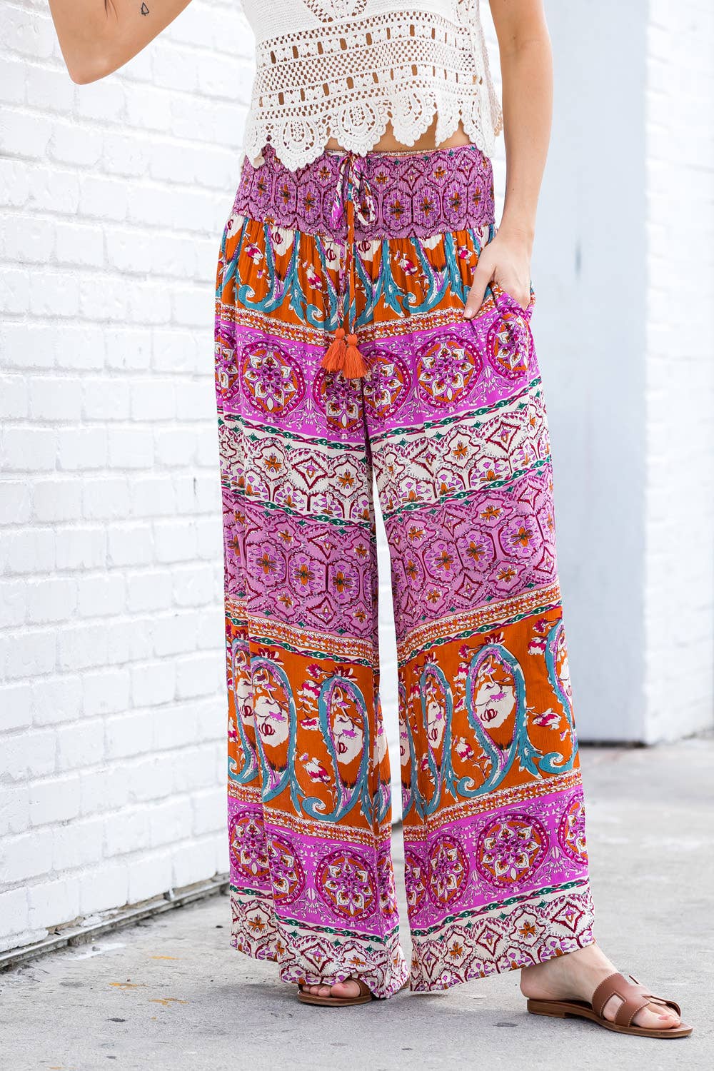 BOHO SMOCKING WAIST WIDE LEG PANTS: PINK/CLAY
