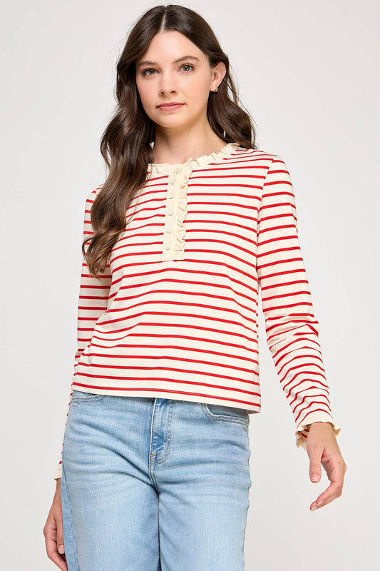 TT-10481-6 RUFFLE DETAIL STRIPED HENLEY TOP-CREAM RED