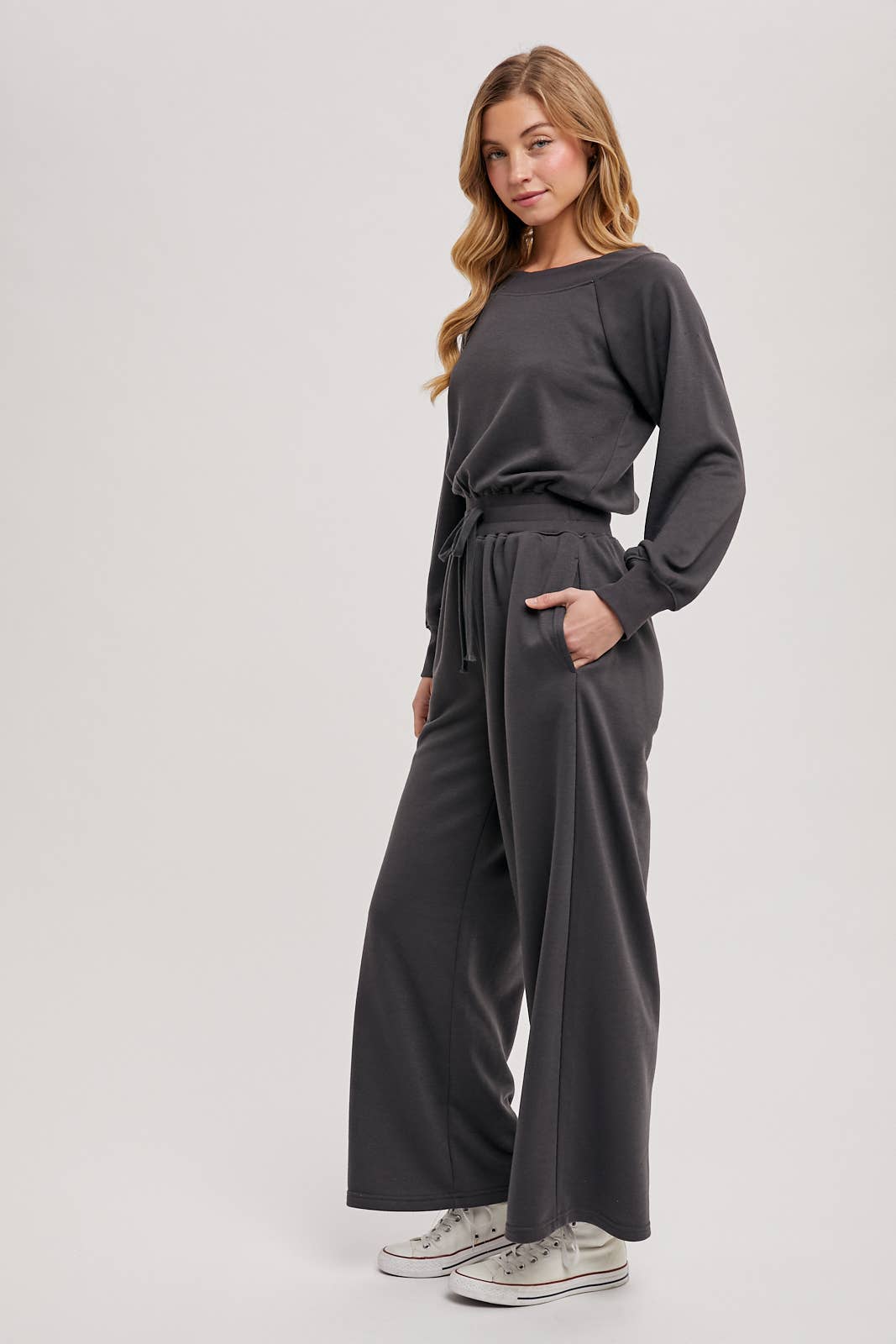 WIDE NECK OFF THE SHOULDER KNIT JUMPSUIT: ASH