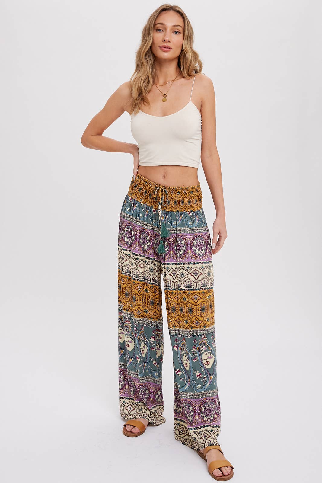 BOHO SMOCKING WAIST WIDE LEG PANTS: PINK/CLAY