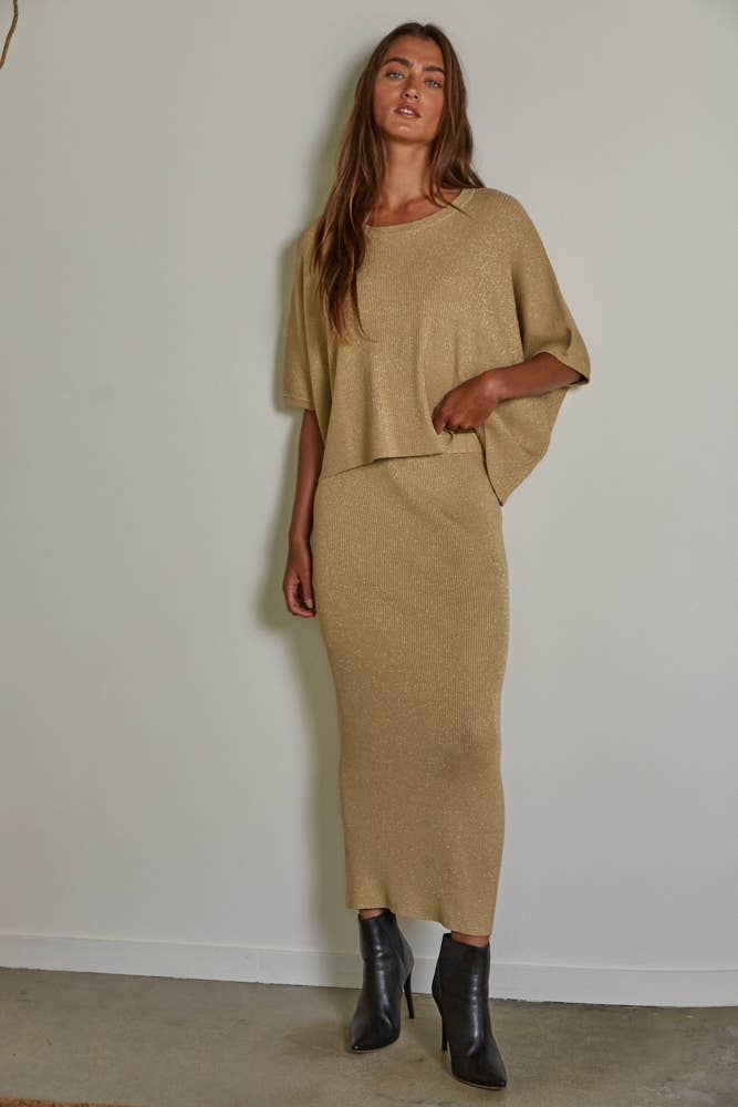 Knit Sweater Ribbed Short Sleeve Pullover Top: Gold