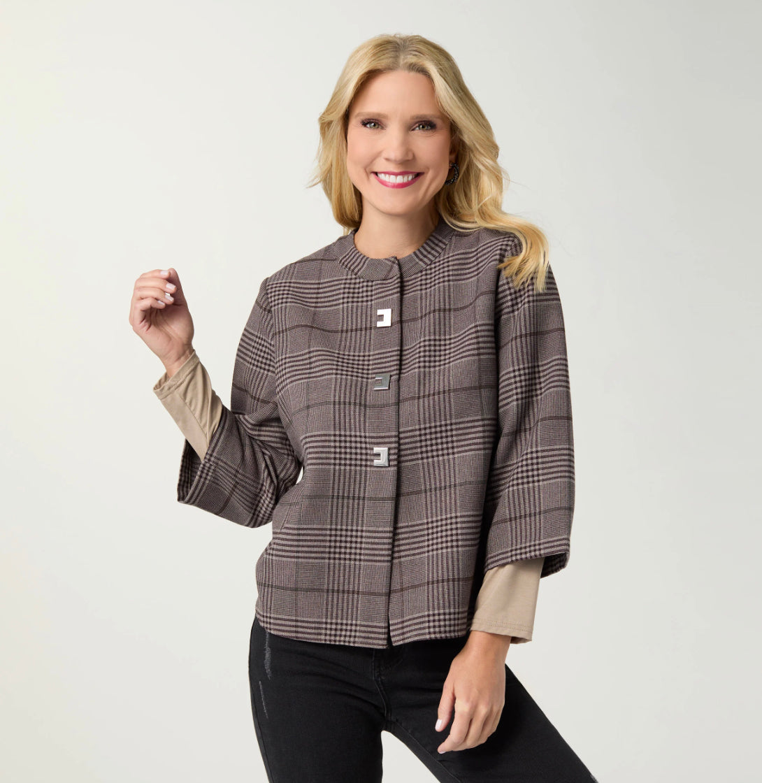 SKYE 3/4 SLEEVE PLAID BLAZER TOP-BROWN