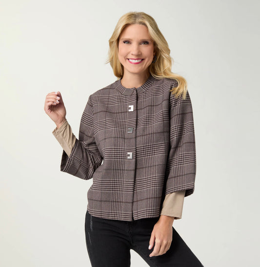 SKYE 3/4 SLEEVE PLAID BLAZER TOP-BROWN
