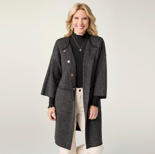 FOGGIA 3/4 SLEEVE SNAP FRONT CARDIGAN-BLACK/WHITE